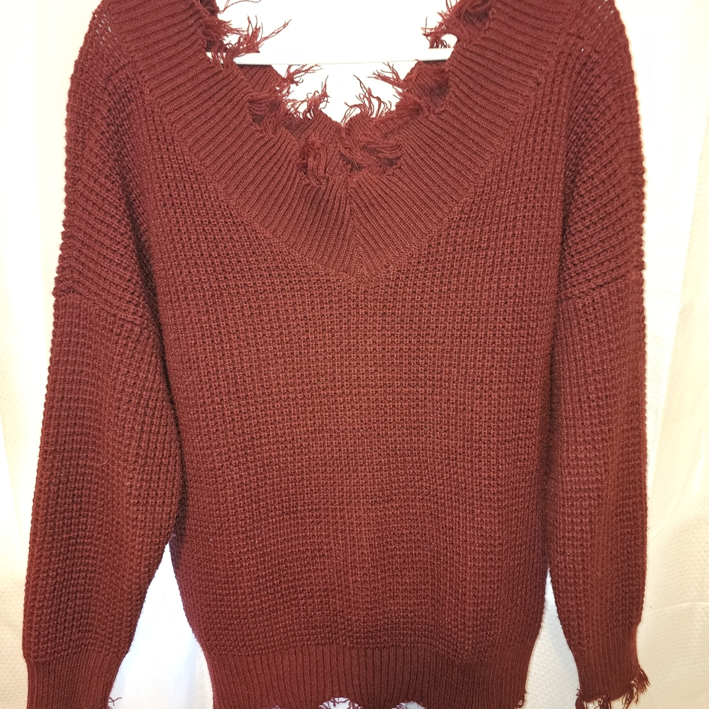 Zenana Outfitters Off-the-Shoulder Distressed Knit Sweater - Rust Red